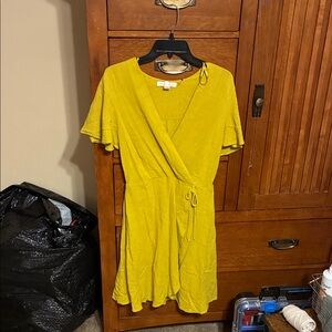 Tie-Waist Wrap Mini Dress in Mustard Yellow